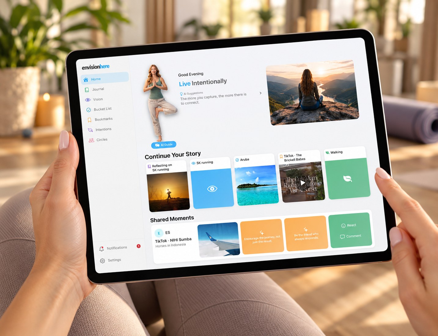 EnvisionHere abierto en una tablet, mostrando tableros de visión, una sugerencia de la Guía Serena con IA y un árbol de áreas de la vida