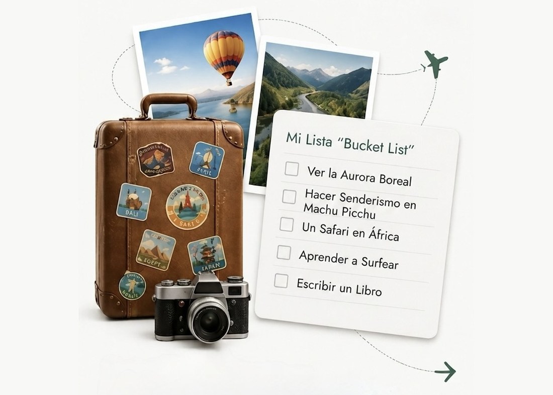 A travel-stickered suitcase and camera beside a bucket list including See the Northern Lights, Hike Machu Picchu and Learn to Surf