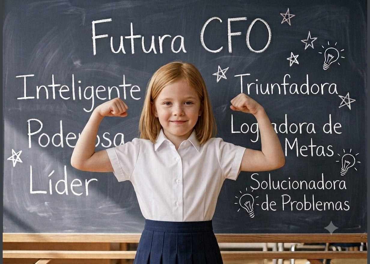 A child standing proudly at a chalkboard covered in encouraging words such as Achiever, Goal Getter and Problem Solver