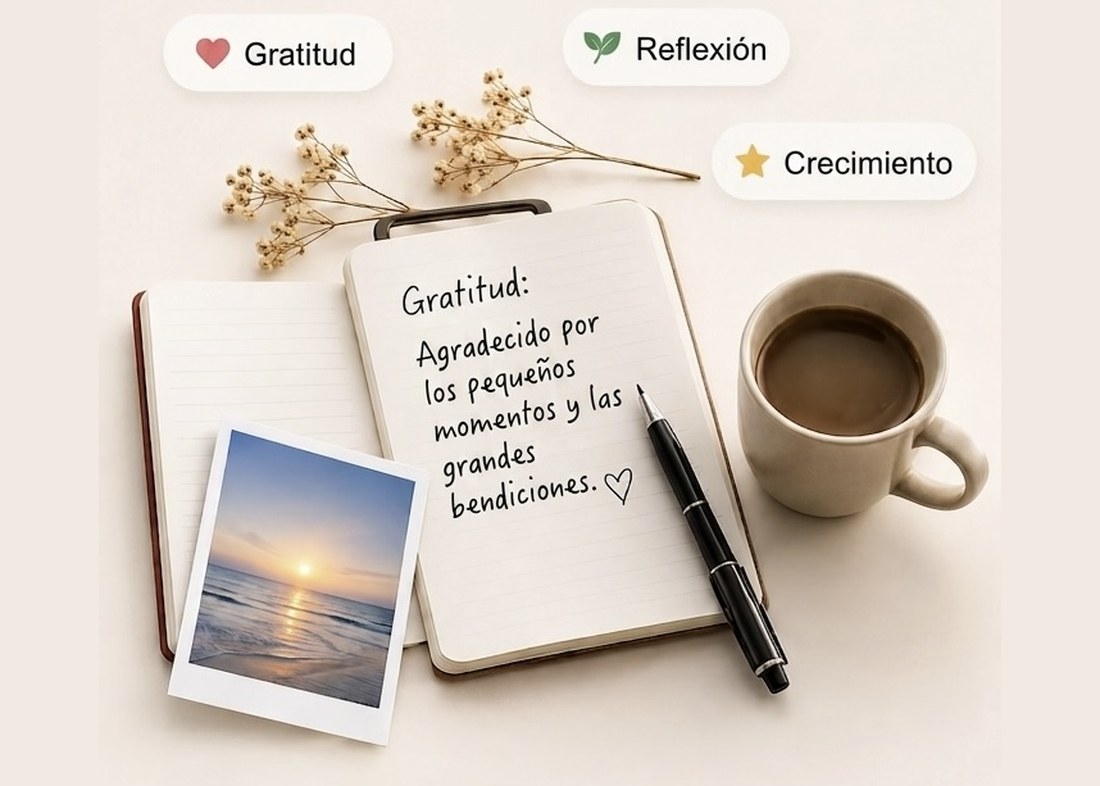 An open gratitude journal with a coffee cup, dried flowers and a sunset polaroid, tagged Grateful, Reflect and Growth