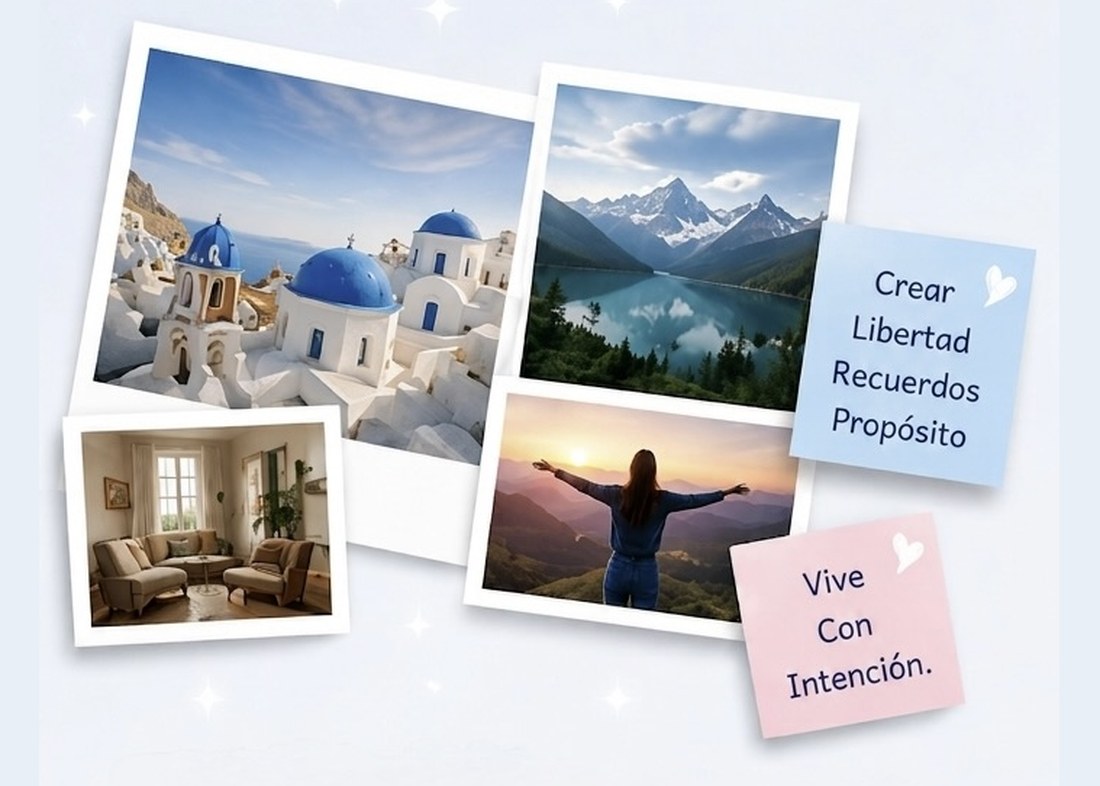 Vision board of polaroid photos — a Greek island, a mountain lake, a woman at sunrise — beside notes reading Create, Freedom, Memories, Purpose and Live With Intention