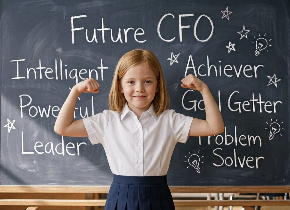 A child standing proudly at a chalkboard covered in encouraging words such as Achiever, Goal Getter and Problem Solver